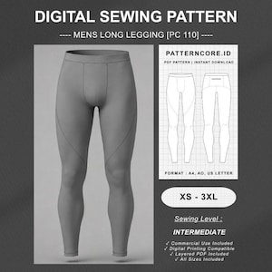 Könnte beinhalten: Ein digitales Schnittmuster für lange Leggings, bezeichnet als PC 110. Das Bild zeigt eine graue Leggings, eine technische Strichzeichnung der Vorder- und Rückseite sowie Text, darunter "DIGITAL SEWING PATTERN", "XS - 3XL" und "Sewing Level: INTERMEDIATE".