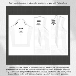 May include: A digital sewing pattern titled BASIC BODY & SLEEVE [PC 039] featuring a sleeve piece and two bodice pieces with nested sizing lines. The text reads: Don't waste hours on drafting. Get straight to sewing with PatternCore. PATTERNCORE.ID.