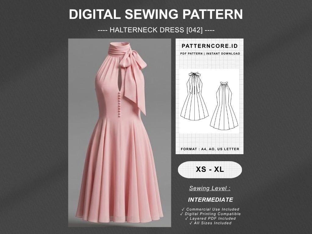 Sewing Pattern halterneck mini dress Digital PDF Instant Download Patterncore