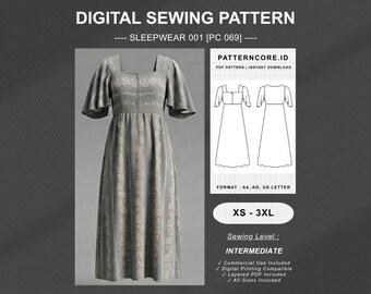 Sleep wear midi dress summer gown beach wear Sewing Pattern | Digital PDF Instant Download | Patterncore