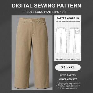 Könnte beinhalten: Ein digitales Schnittmuster für eine lange Hose, bezeichnet als PC 121, mit einer beigen Hose im geradlinigen Schnitt. Die Grafik enthält eine technische Strichzeichnung der Vorder- und Rückseite, Größen von XS bis XXL und das Nählevel mittel.