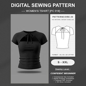 May include: A digital sewing pattern for a black short-sleeved t-shirt with a cutout neckline and tie detail. The image displays the text DIGITAL SEWING PATTERN, TSHIRT [PC 018], PATTERNCORE.ID, S-XXL, and Sewing Level: CONFIDENT BEGINNER.
