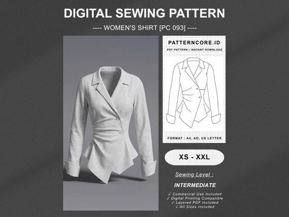 Sewing Pattern drape shirt asymetric blouse fitted office wear | Digital PDF Instant Download | Patterncore