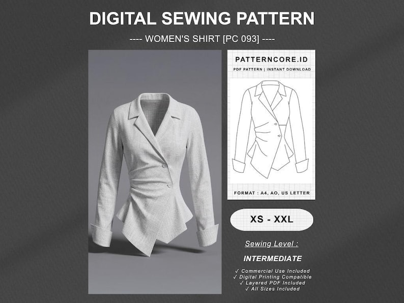 Sewing Pattern drape shirt asymetric blouse fitted office wear | Digital PDF Instant Download | Patterncore image 1