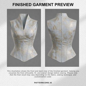 May include: A sleeveless bodice with a V-neckline and a gold-toned mottled pattern on a light blue base. The garment is shown from the front and back, featuring a fitted silhouette with a pointed hemline. Text reads: FINISHED GARMENT PREVIEW PATTERNCORE.ID