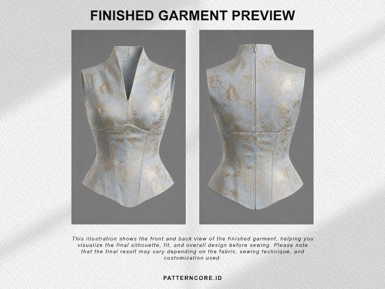 May include: A sleeveless bodice with a V-neckline and a gold-toned mottled pattern on a light blue base. The garment is shown from the front and back, featuring a fitted silhouette with a pointed hemline. Text reads: FINISHED GARMENT PREVIEW PATTERNCORE.ID