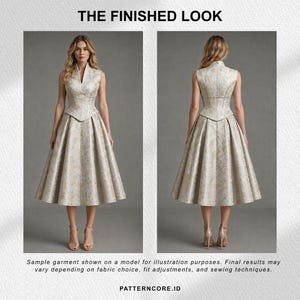 May include: A sleeveless midi dress with a high collar and V-neckline, featuring a fitted bodice with a pointed waistline and a pleated, flared skirt. The fabric has a light-colored, intricate floral pattern. Text reads: THE FINISHED LOOK.
