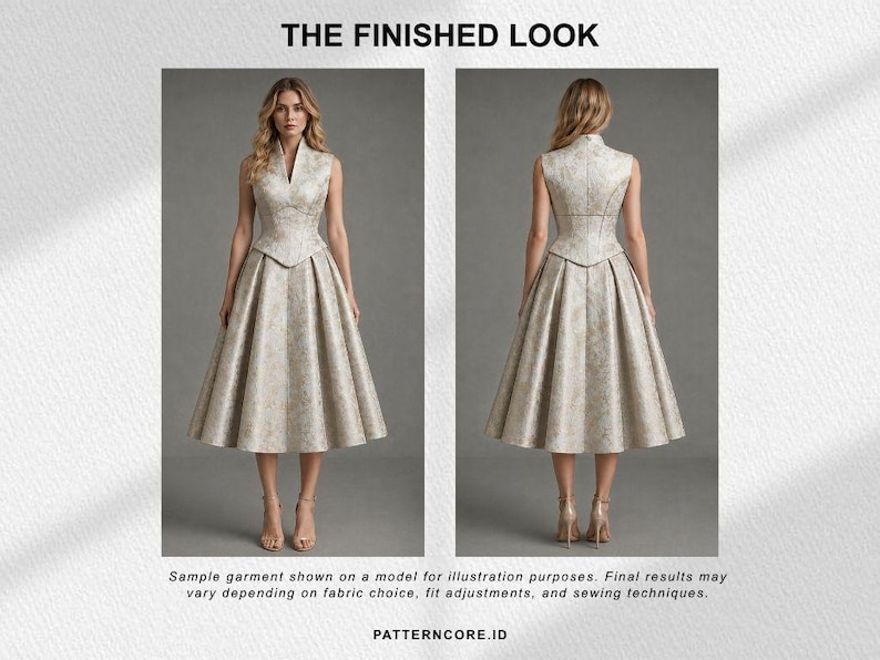 May include: A sleeveless midi dress with a high collar and V-neckline, featuring a fitted bodice with a pointed waistline and a pleated, flared skirt. The fabric has a light-colored, intricate floral pattern. Text reads: THE FINISHED LOOK.