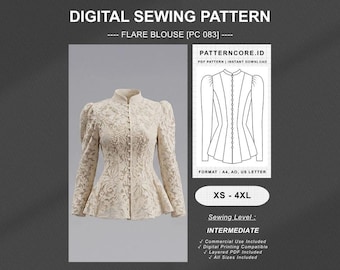 Sewing Pattern Flare blouse women's shirt top puff sleeve | Digital PDF Instant Download | Patterncore.