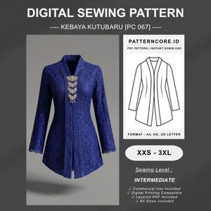 Sewing Pattern kebaya kutubaru women's top blouse tunik | Digital PDF Instant Download | Patterncore