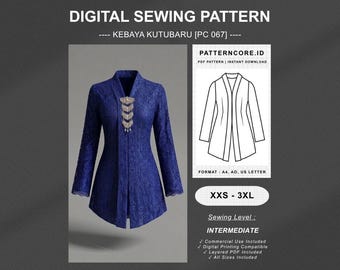 Sewing Pattern kebaya kutubaru women's top blouse tunik | Digital PDF Instant Download | Patterncore