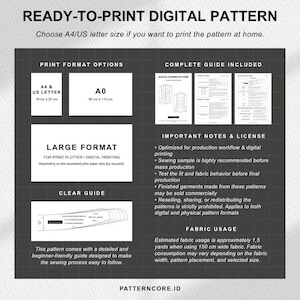 May include: A black and white informational graphic titled READY-TO-PRINT DIGITAL PATTERN. It details print format options including A4, US letter, and A0 sizes, a complete sewing guide, important notes, license terms, and estimated fabric usage.