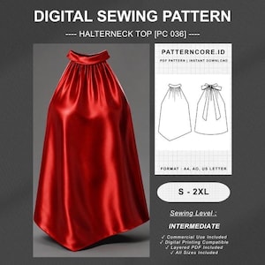 Puede incluir: Un patrón de costura digital para un top halter de satén rojo, etiquetado como PC 036. La imagen muestra la prenda terminada, un dibujo técnico de la parte delantera y trasera, y texto que incluye PATTERNCORE.ID, S-2XL y nivel INTERMEDIATE.