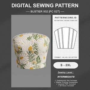 May include: A digital sewing pattern for a bustier, labeled BUSTIER 002 PC 027, featuring a white fabric with yellow daisy and green leaf embroidery, accented by a row of small white beads along the top edge. Includes a grid-lined technical sketch.