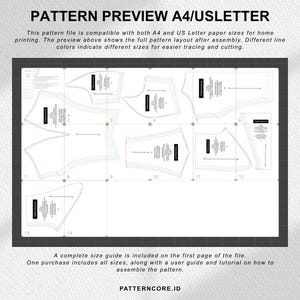May include: A digital sewing pattern layout displayed on a grid, featuring multiple garment pieces with colored lines for size differentiation. Text includes PATTERN PREVIEW A4/USLETTER, instructions on assembly, and the brand name PATTERNCORE.ID.