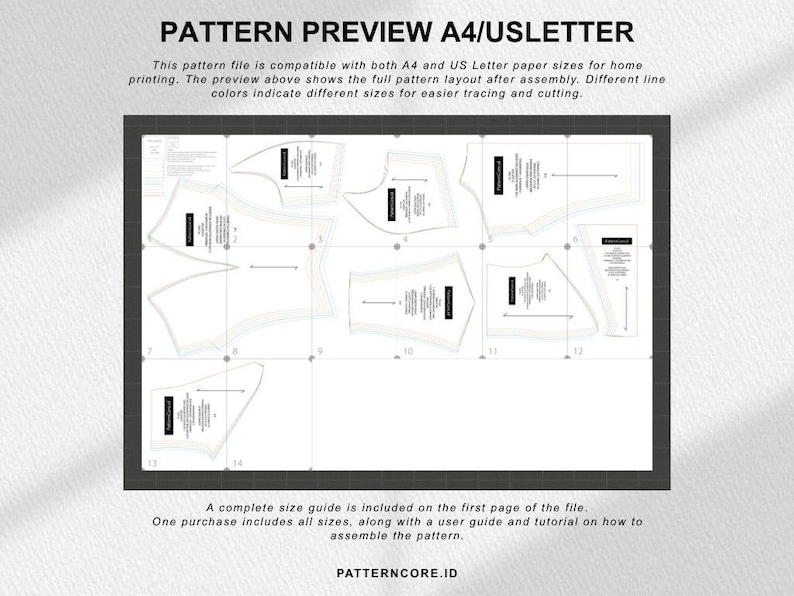 May include: A digital sewing pattern layout displayed on a grid, featuring multiple garment pieces with colored lines for size differentiation. Text includes PATTERN PREVIEW A4/USLETTER, instructions on assembly, and the brand name PATTERNCORE.ID.