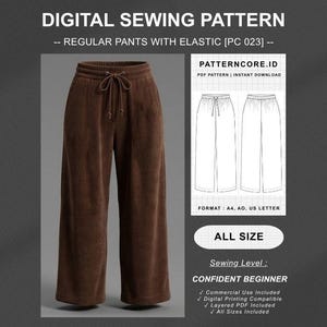 Könnte beinhalten: Ein digitales Schnittmuster für eine reguläre Hose mit Gummizug, bezeichnet als PC 023. Das Bild zeigt eine braune Hose mit Kordelzug in der Taille und eine technische Strichzeichnung des Kleidungsstücks. Text umfasst DIGITAL SEWING PATTERN, ALL SIZE und CONFIDENT BEGINNER.