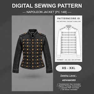 May include: A digital sewing pattern for a Napoleon jacket, PC 148, featuring a dark gray denim jacket with a high collar, shoulder epaulets, and multiple horizontal rows of brass-colored buttons. Includes a technical line drawing and size range XS-XXL.