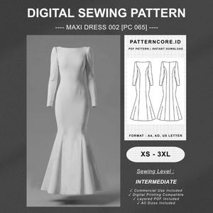 Puede incluir: Un patrón de costura digital para un vestido largo blanco de manga larga con falda acampanada. La imagen muestra el texto DIGITAL SEWING PATTERN, MAXI DRESS 002 [PC 065], PATTERNCORE.ID, XS - 3XL y Sewing Level: INTERMEDIATE con marcas.