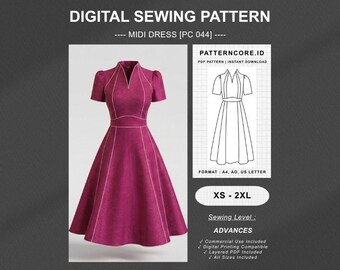 Sewing Pattern Midi dress 001 | Digital PDF Instant Download | Patterncore