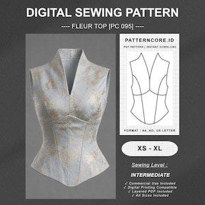 May include: A digital sewing pattern for a Fleur Top PC 095, featuring a sleeveless bodice with a V-neckline and a light blue fabric with a gold metallic pattern. The graphic includes a technical line drawing, size range XS-XL, and intermediate sewing level.