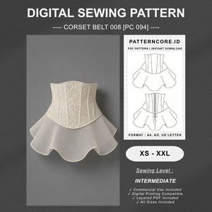 Pode incluir: Molde de costura digital para um cinto corset 008 PC 094. A imagem mostra um corset de renda creme com uma bainha peplum alargada, transparente e clara. Inclui desenhos técnicos, tamanhos de XS a XXL e nível de costura intermediário.