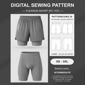 May include: A digital sewing pattern for Flexrun Short PC 107, featuring a grey athletic short with an inner compression liner. The graphic displays technical line drawings of the shorts, size range XS-3XL, and text indicating intermediate sewing level.
