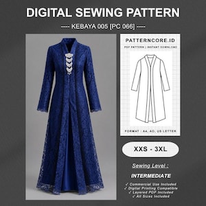Può includere: Un cartamodello digitale per un kebaya in pizzo blu navy a maniche lunghe e lunghezza fino ai piedi. L'immagine mostra il capo finito, un disegno tecnico e testo che include DIGITAL SEWING PATTERN, KEBAYA 005, XXS-3XL e INTERMEDIATE.
