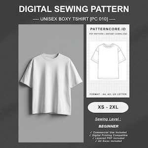 May include: A digital sewing pattern for a boxy t-shirt labelled PC 010. The image displays a plain white t-shirt, a technical line drawing on grid paper, and text including DIGITAL SEWING PATTERN, UNISEX BOXY TSHIRT, XS - 2XL, and Sewing Level: BEGINNER.