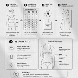 May include: An instructional infographic titled HOW TO CHOOSE YOUR SIZE, featuring a four-step guide with diagrams of a human figure, a size chart for MINI DRESS 005, and a dress icon. Includes a measurement guide, tips for fit, and PATTERNCORE.ID text.