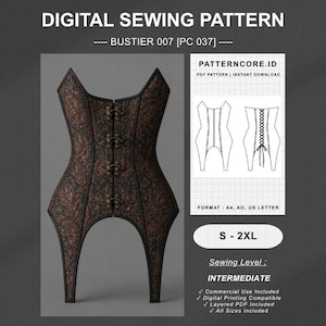 May include: A digital sewing pattern for a brown bustier with a dark floral pattern, featuring a front closure with four metal clasps. The image includes technical line drawings, the text "DIGITAL SEWING PATTERN BUSTIER 007 [PC 037]", and size range S-2XL.