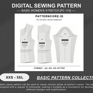 Puede incluir: Un patrón de costura digital para pantalones elásticos básicos, etiquetado PC 114, con dibujos técnicos de las piezas. El texto incluye DIGITAL SEWING PATTERN, BASIC WOMEN'S STRETCH, PATTERNCORE.ID, PDF PATTERN, INSTANT DOWNLOAD, FORMAT: A4, AO, US LETTER, XXS - 5XL y BASIC PATTERN COLLECTION.