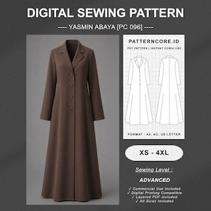 May include: A digital sewing pattern for a brown Yasmin Abaya, PC 096. The image displays a long-sleeved, floor-length brown coat with a notched collar and four front buttons, alongside a technical line drawing of the garment and size range XS-4XL.