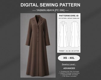 Sewing Pattern | yasmin abaya long maxi dress tailor collar suit | Digital PDF Instant Download | Patterncore