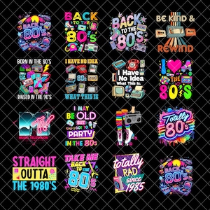 Op de afbeelding: Een verzameling kleurrijke grafische ontwerpen met tekst en retro-beelden. Ontwerpen bevatten zinnen als "Back to the 80's", "Born in the 80's" en "Totally Rad Since 1985". De ontwerpen bevatten cassettes, boomboxen en neonkleuren.