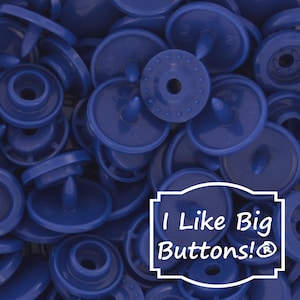 May include: A close-up image of a pile of blue plastic snap buttons. The buttons are all the same size and have a raised center with a small hole in the middle. The buttons are arranged in a random pattern. The text "I Like Big Buttons!®" is visible in the lower right corner of the image.