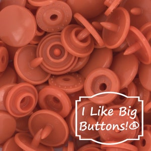 May include: A pile of orange snap buttons. The buttons have a round, flat top with a central hole and a protruding post on the underside. The text "I Like Big Buttons!" is in a white frame.