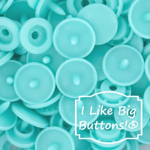 May include: A close-up of a pile of turquoise plastic snap buttons. The buttons are all the same size and shape, and they have a small hole in the center. The buttons are arranged in a random pattern, and they are all in focus. The text "I Like Big Buttons!®" is visible in the lower right corner of the image.
