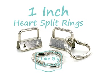 1 Inch Key Fob Hardware Set: 2 or 25 Sets, 1" Silver Fobs with HEART Split Rings
