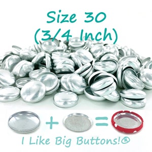 May include: A pile of silver-colored, 3/4 inch (1.9 cm) snap buttons. The buttons are arranged in a pile, with some buttons stacked on top of each other. The buttons are all the same size and shape. The text "Size 30 (3/4 inch)" is written in teal blue at the top of the image. The text "I Like Big Buttons!®" is written in teal blue at the bottom of the image.