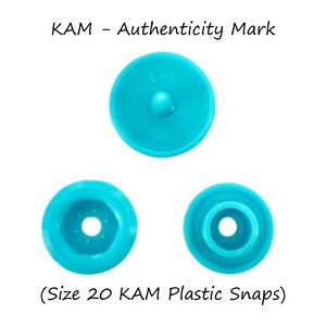 May include: Three turquoise plastic snaps, two with a center hole and one with a raised center bump. The snap with the bump has the word "KAM" printed on it. The text "Size 20 KAM Plastic Snaps" is printed below the snaps.
