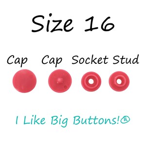 May include: Four plastic snap fasteners in size 16, labeled "Cap", "Cap", "Socket", and "Stud". The fasteners are pink and are arranged in a row from left to right.