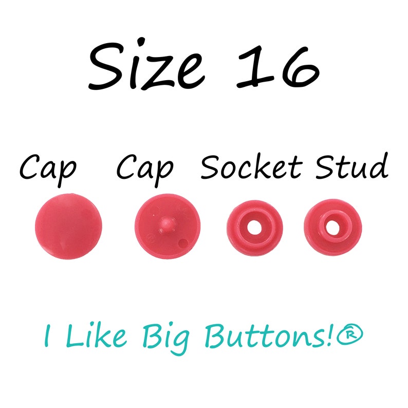 May include: Four plastic snap fasteners in size 16, labeled "Cap", "Cap", "Socket", and "Stud". The fasteners are pink and are arranged in a row from left to right.