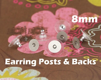 8mm Earring Posts/Backs: 48 or 100 Sets, Stainless Steel Earring Sets with Metal Glue Pads