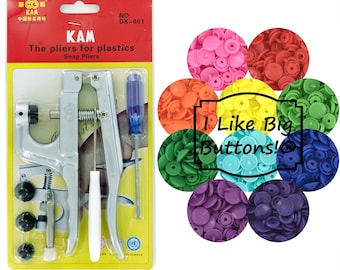 100 sets KAM Plastic Snaps with Plier/Awl Kit: 10 Colors, Size 20, Glossy, No-Sew Snap Buttons - Starter Kit