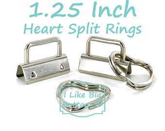 1.25 Inch Key Fob Hardware: 2 or 25 Sets, SILVER, 1.25"/32mm Fobs with HEART Split Rings, DIY Wristlet Kit