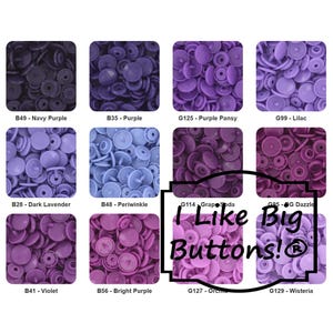 May include: A collection of snap buttons in various shades of purple, from navy to lilac. Each color is labeled with a code and name. The image includes the text "I Like Big Buttons!"