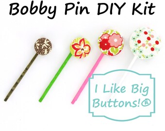 DIY Fabric Button Bobby Pin Kit: *Choose Size* Fabric Self-Cover Buttons, Tool, & Bobby Pins/Hair Pins - Makes 10