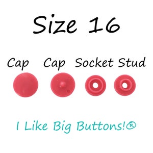 May include: Four red plastic snap buttons in size 16. The buttons are labeled "Cap", "Cap", "Socket", and "Stud".