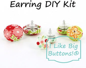 DIY Fabric Button Earring Kit: *Choose Size* Fabric Self-Cover Buttons, Tool, & Earring Posts/Backs - Makes 5 Pairs